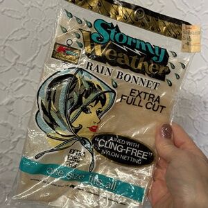 Vintage Stormy Weather Beige Rain Bonnet Extra Full Long Ties Cut One Size NOS .